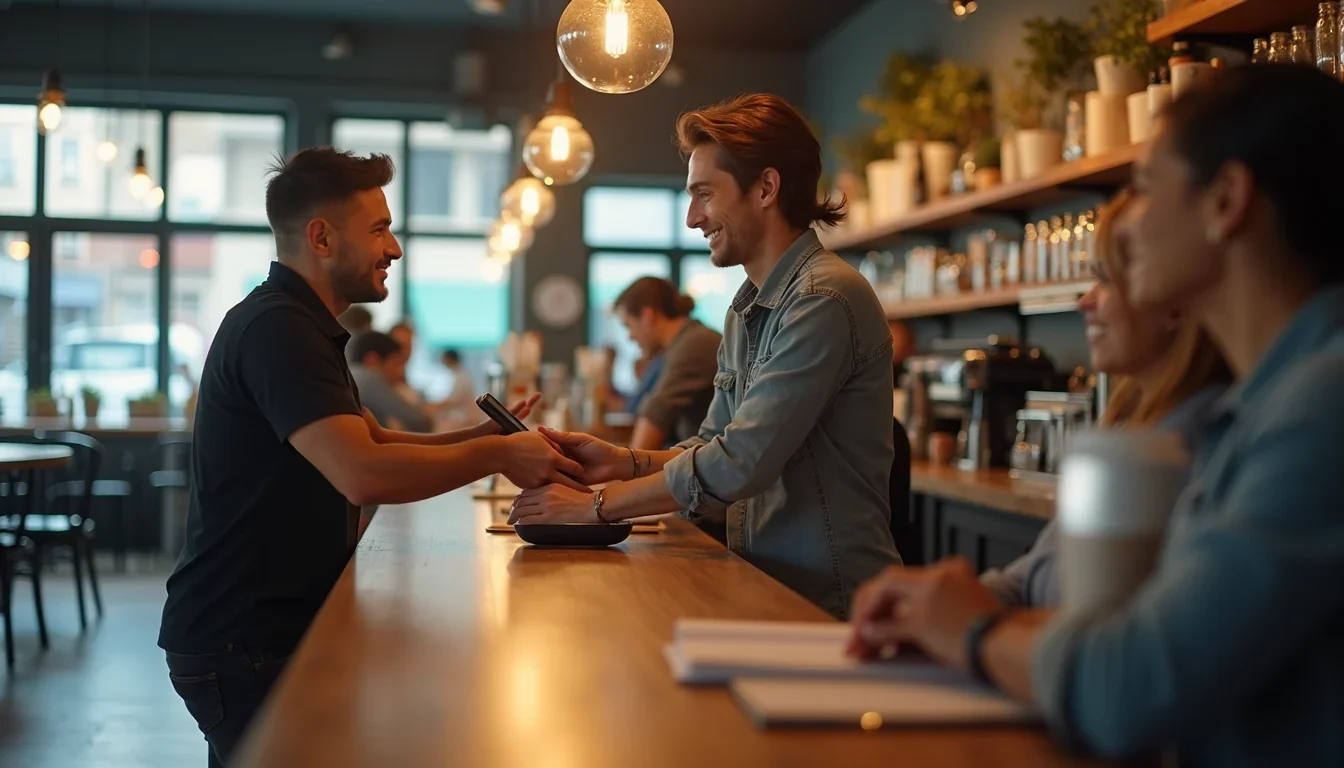 Customers paying at a café counter