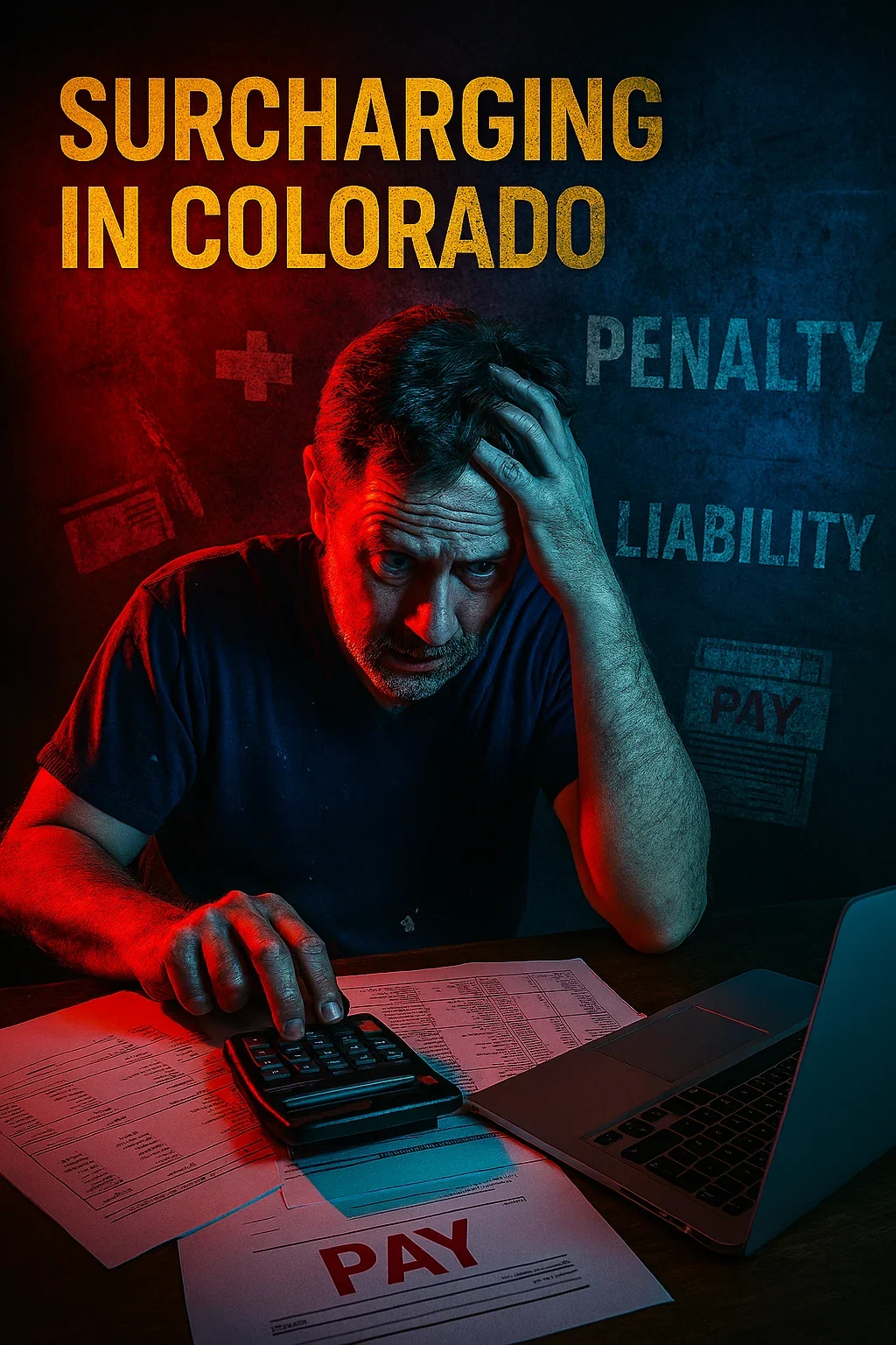 Illustration of a worried business owner under the words Surcharging in Colorado