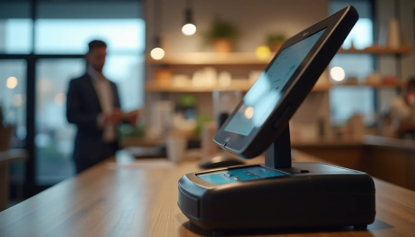 Contactless card terminal on a café counter