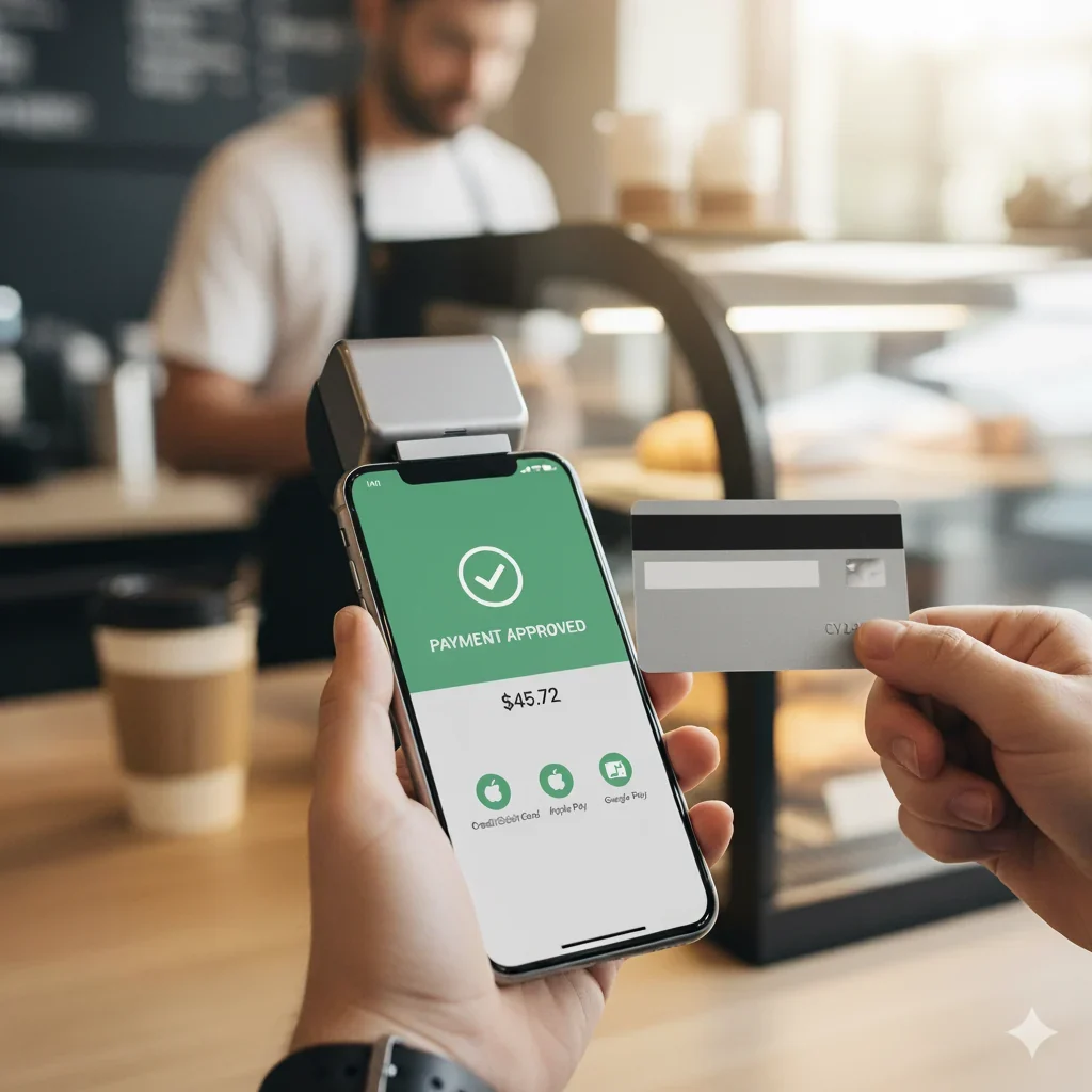Customer paying with a phone at a card terminal
