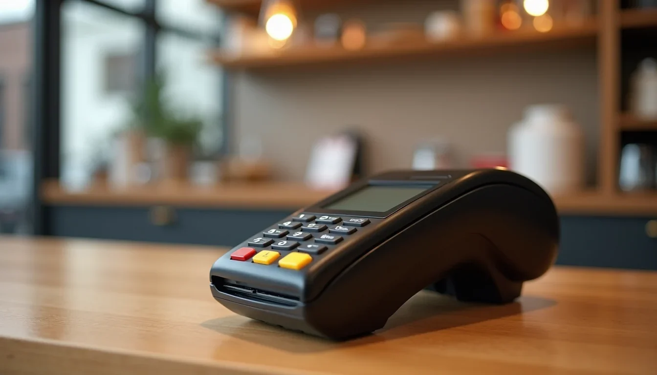 Card terminal on a wooden counter