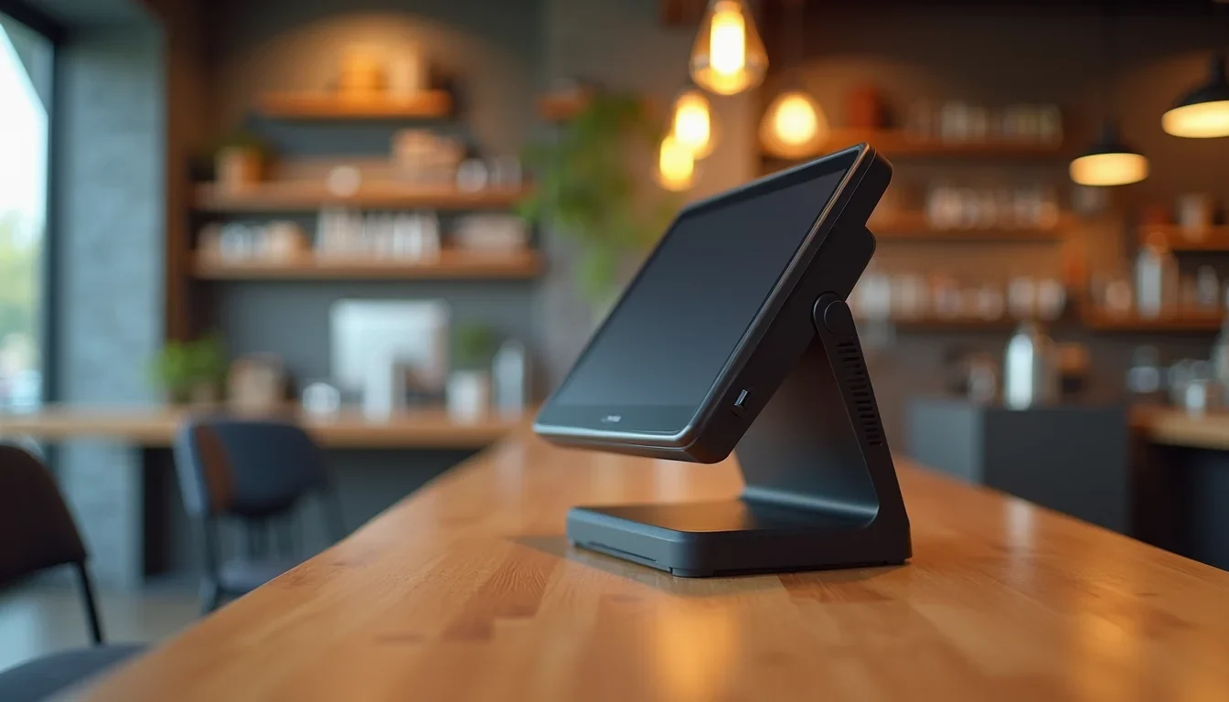 POS screen on a stand at a café counter