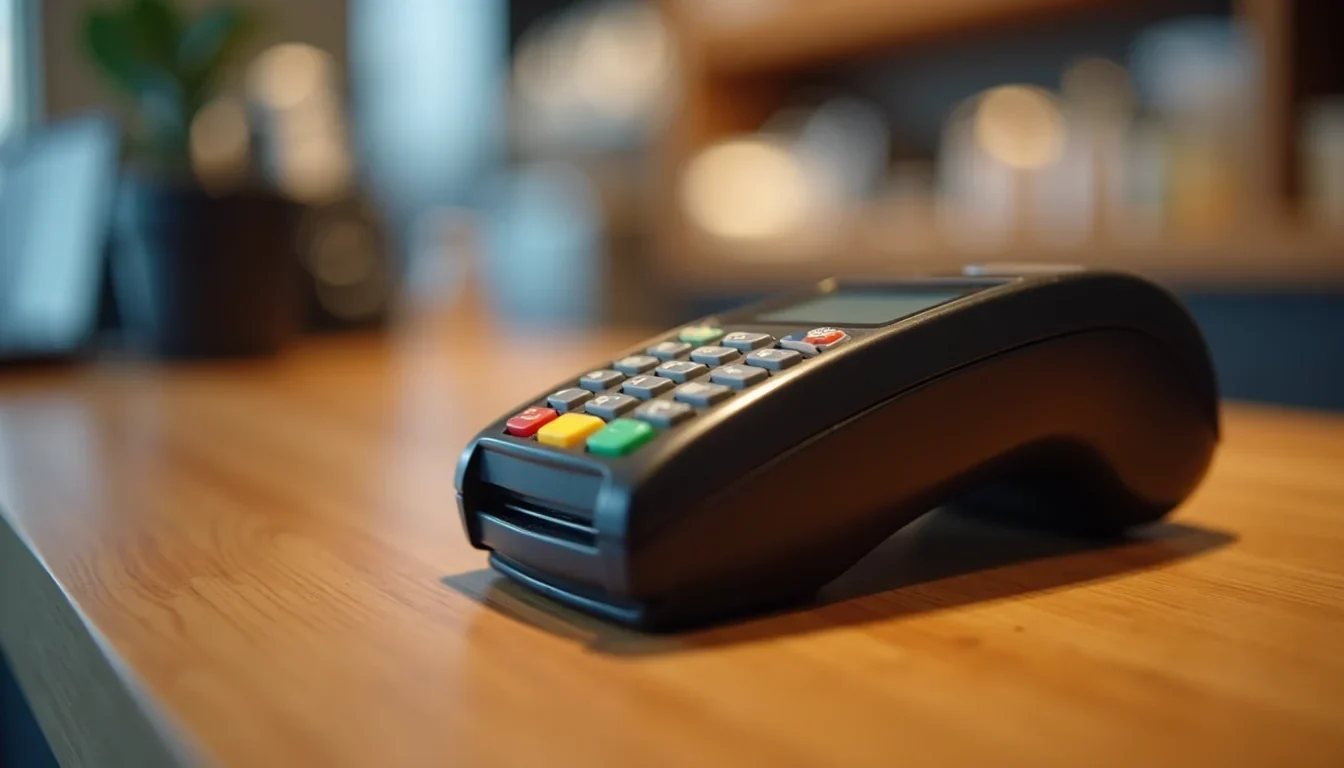 Card terminal with a colored keypad on a café counter
