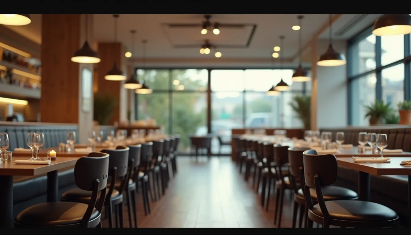 Restaurant dining room set for service